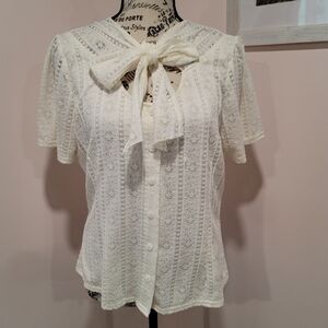 Unique Vintage Elegant Cream Lace Blouse with Bow Detail